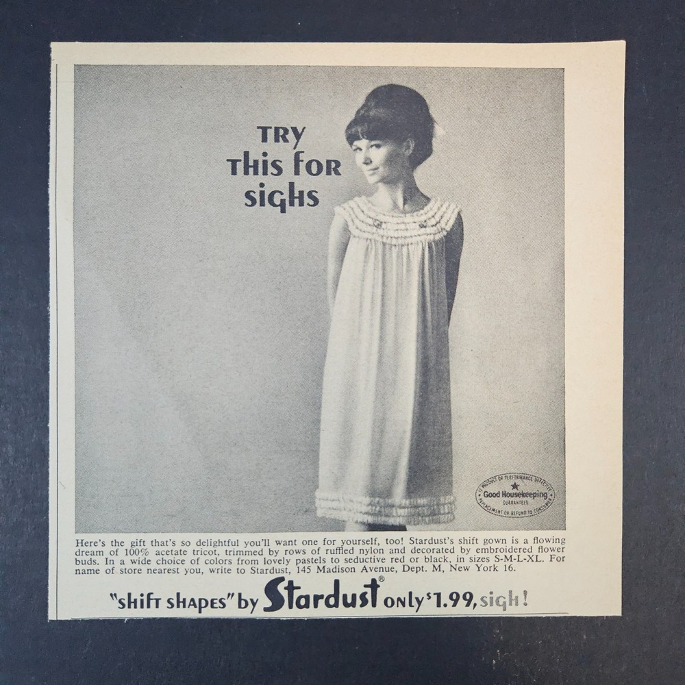 1964 Stardust Shift Shapes Gown Vintage Print Ad Try This For Sighs New York NYC
